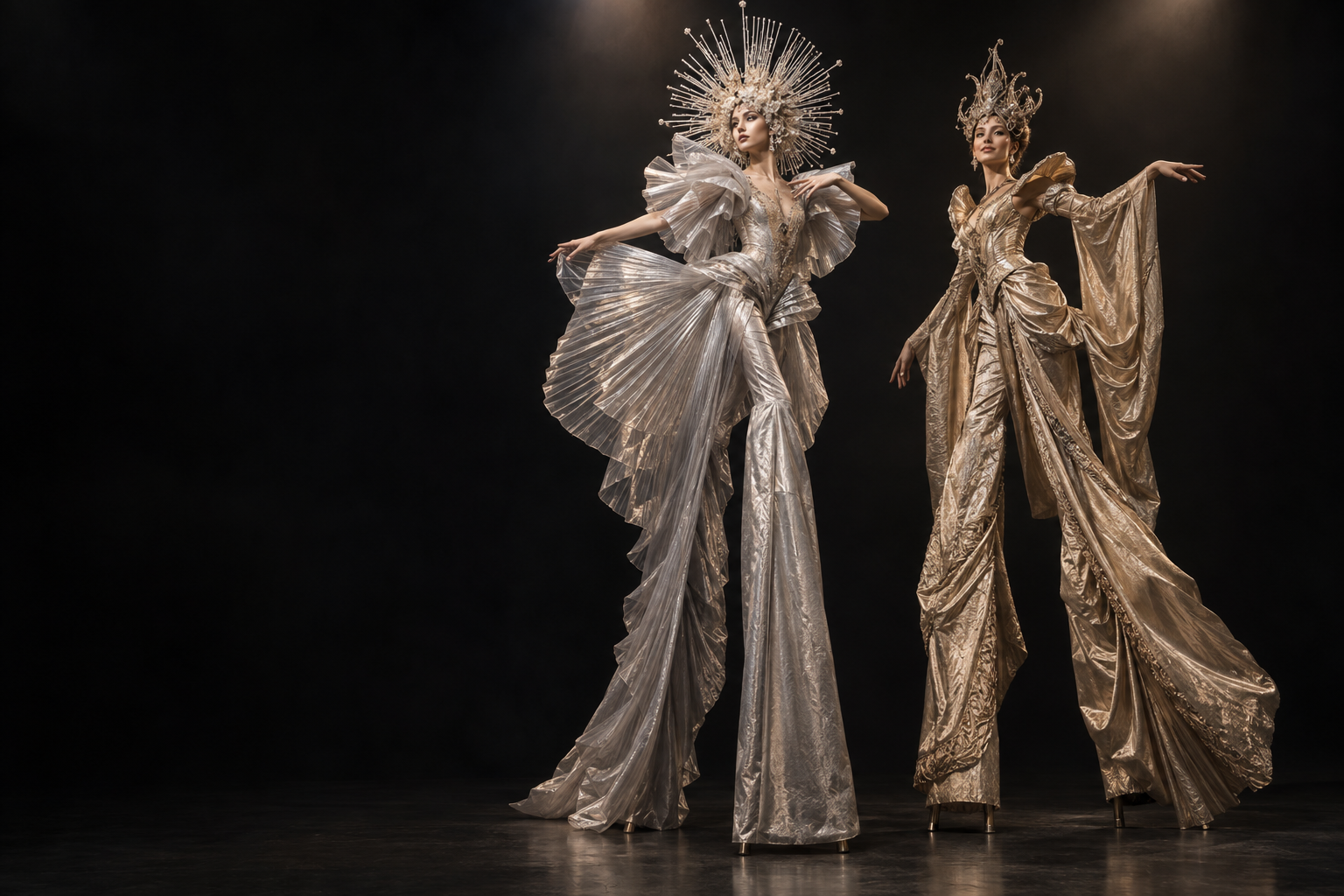 Două artiste pe picioroange în costume sculpturale argintii și aurii, cu coroane fantastice. Imagine de concept.